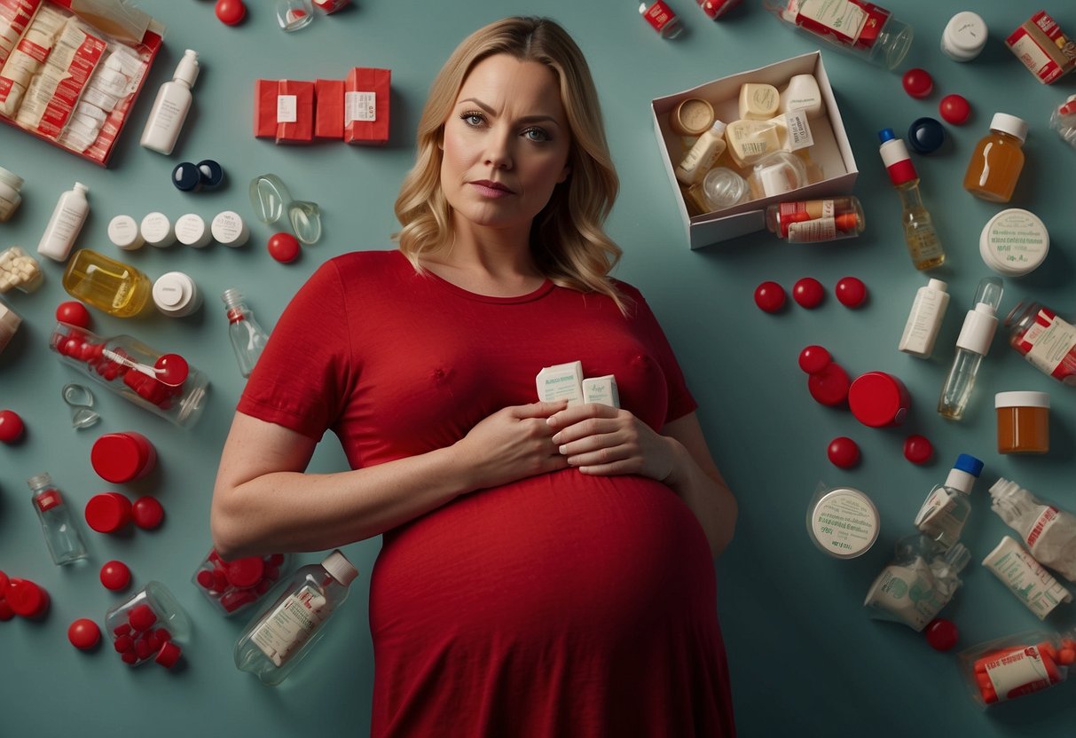 A pregnant woman surrounded by various medications with a red "X" over them, representing the debunking of pregnancy myths