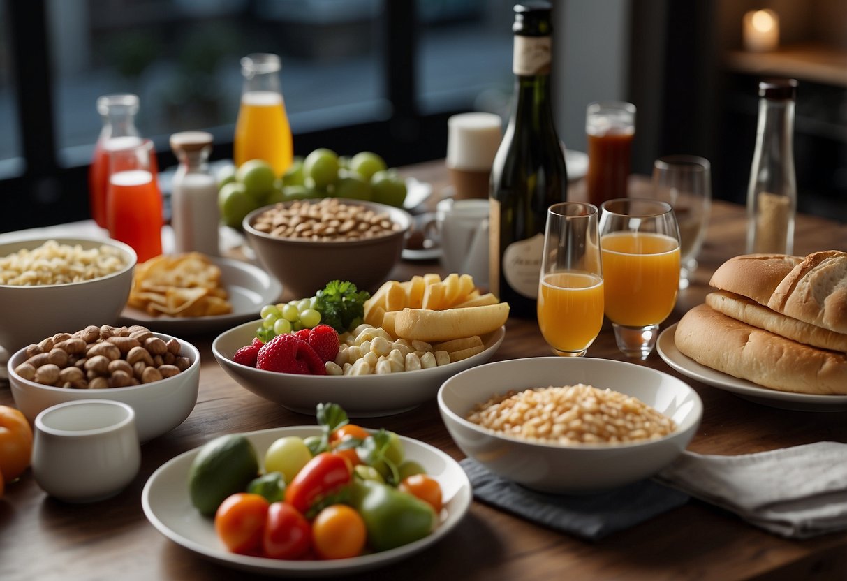 A table with a variety of foods and drinks, some labeled with a red "X" to indicate items to avoid during the first trimester of pregnancy