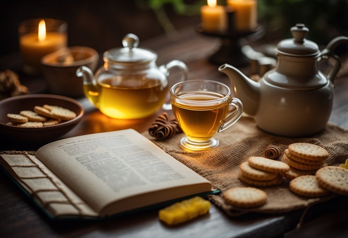 A table with ginger tea, crackers, essential oils, and a journal. A woman sitting comfortably with a cool compress on her forehead, surrounded by soothing items