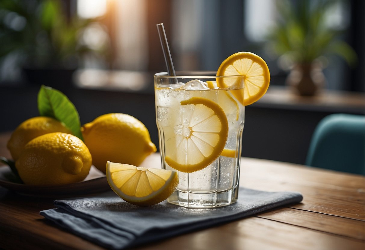 A glass of lemon water sits on a table with a slice of lemon and a straw. A list of "5 Secret Tips for Managing Morning Sickness Like a Pro" is displayed next to it