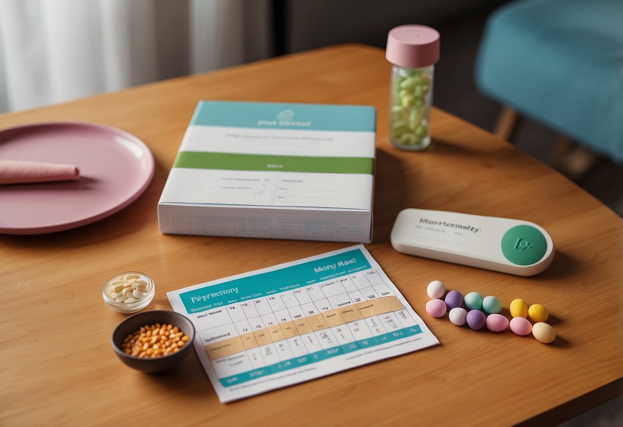 A positive pregnancy test surrounded by prenatal vitamins, a healthy meal, a prenatal yoga mat, a baby name book, and a calendar marking important appointments