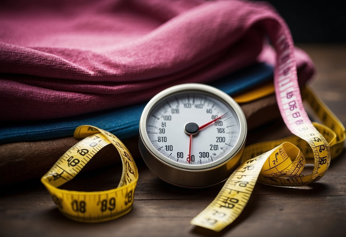 A scale showing increasing numbers, a tape measure wrapped around a growing belly, a stack of maternity clothes in larger sizes