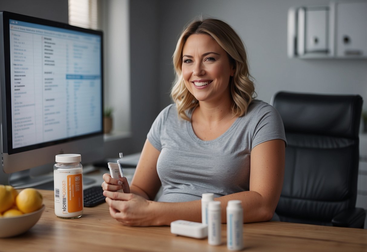 A calm, serene pregnant woman sitting comfortably with a smile on her face, surrounded by positive pregnancy test results, healthy snacks, and a chart showing normal blood pressure readings