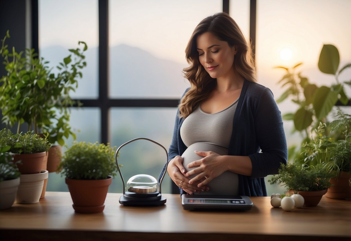 A serene pregnant woman surrounded by 10 visual cues of stability and health, such as balanced scales, a steady heartbeat, and a flourishing plant