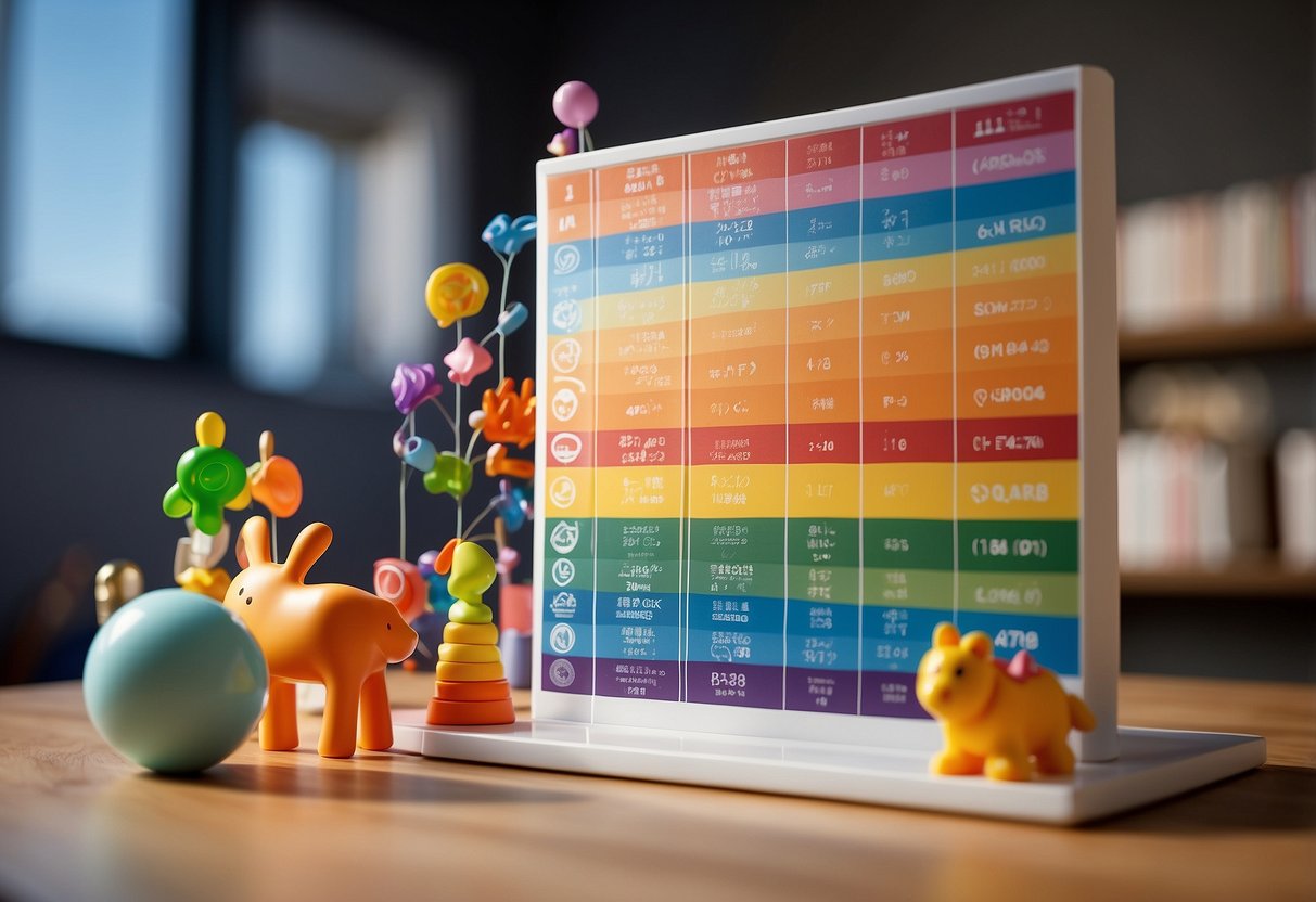 A baby's growth chart with 10 positive indicators highlighted, surrounded by colorful toys and books