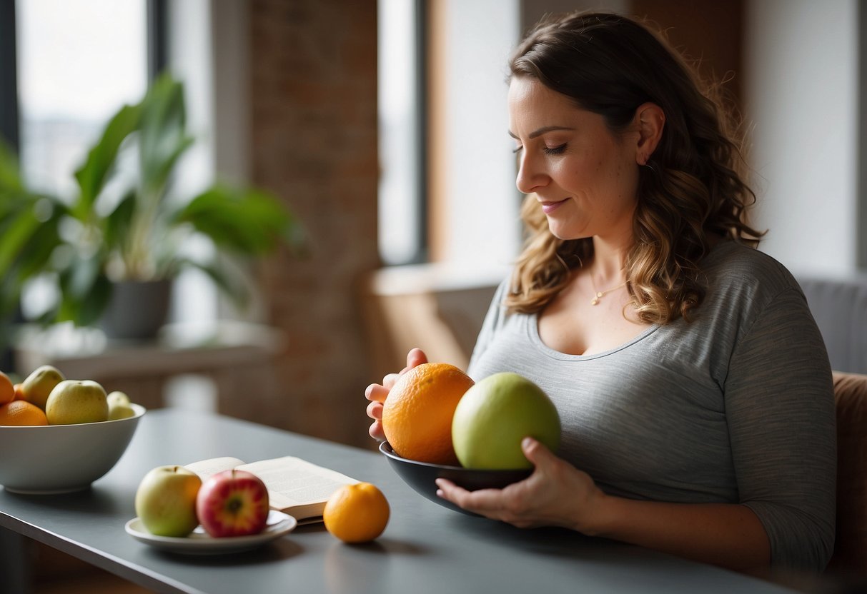 A pregnant woman using a yoga ball while reading a book on pregnancy health. A bowl of fresh fruits and a glass of water are on the table next to her