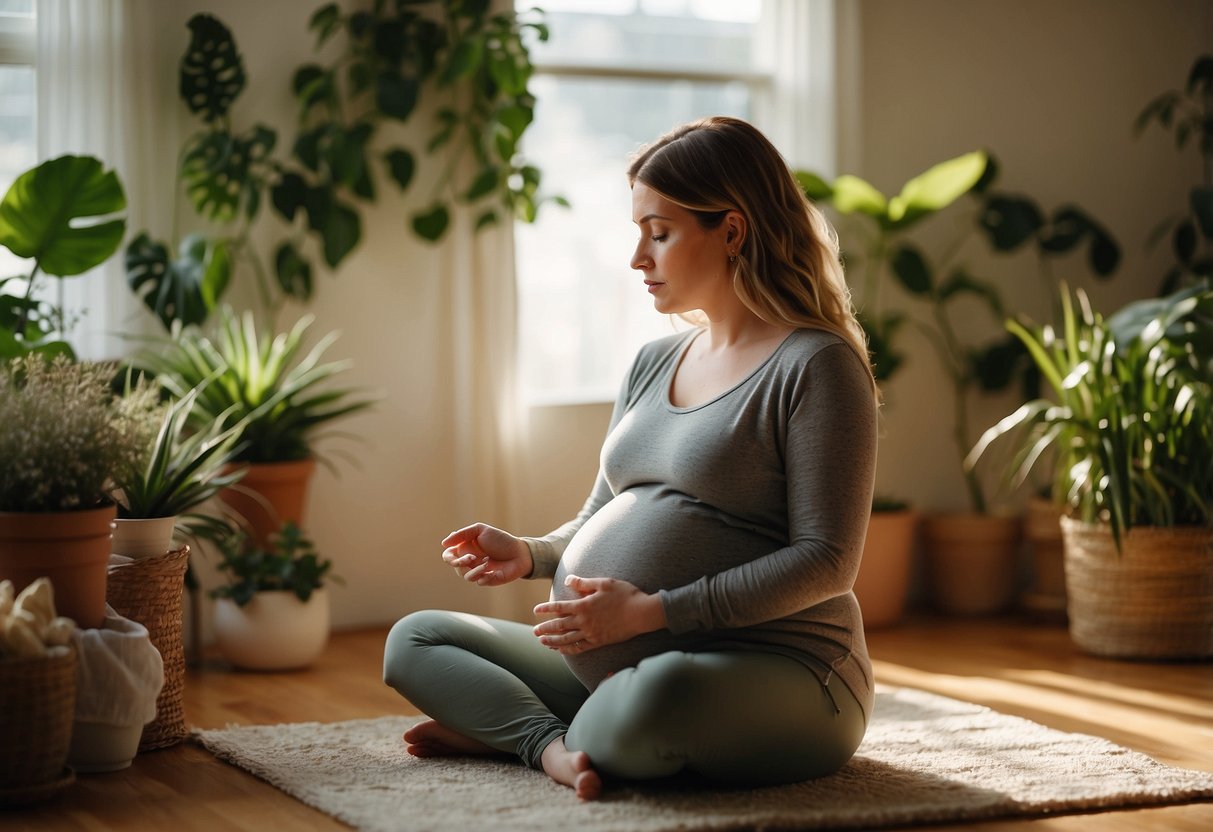 A serene pregnant woman meditates in a cozy, sunlit room surrounded by plants and calming decor. A journal and healthy snacks sit nearby