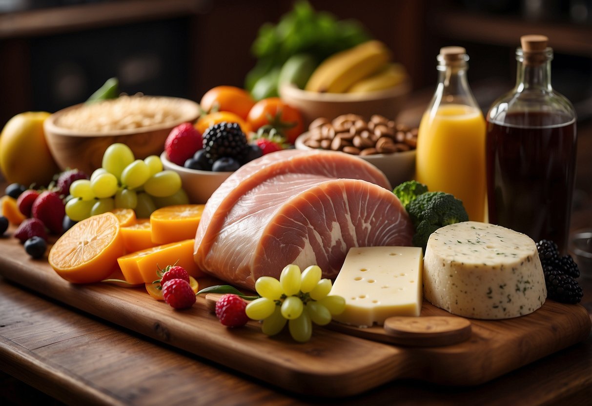 A table with prohibited foods (deli meats, unpasteurized cheese, raw fish, caffeine, alcohol) next to a variety of healthy alternatives (fruits, vegetables, whole grains, lean proteins) displayed in a vibrant and inviting manner