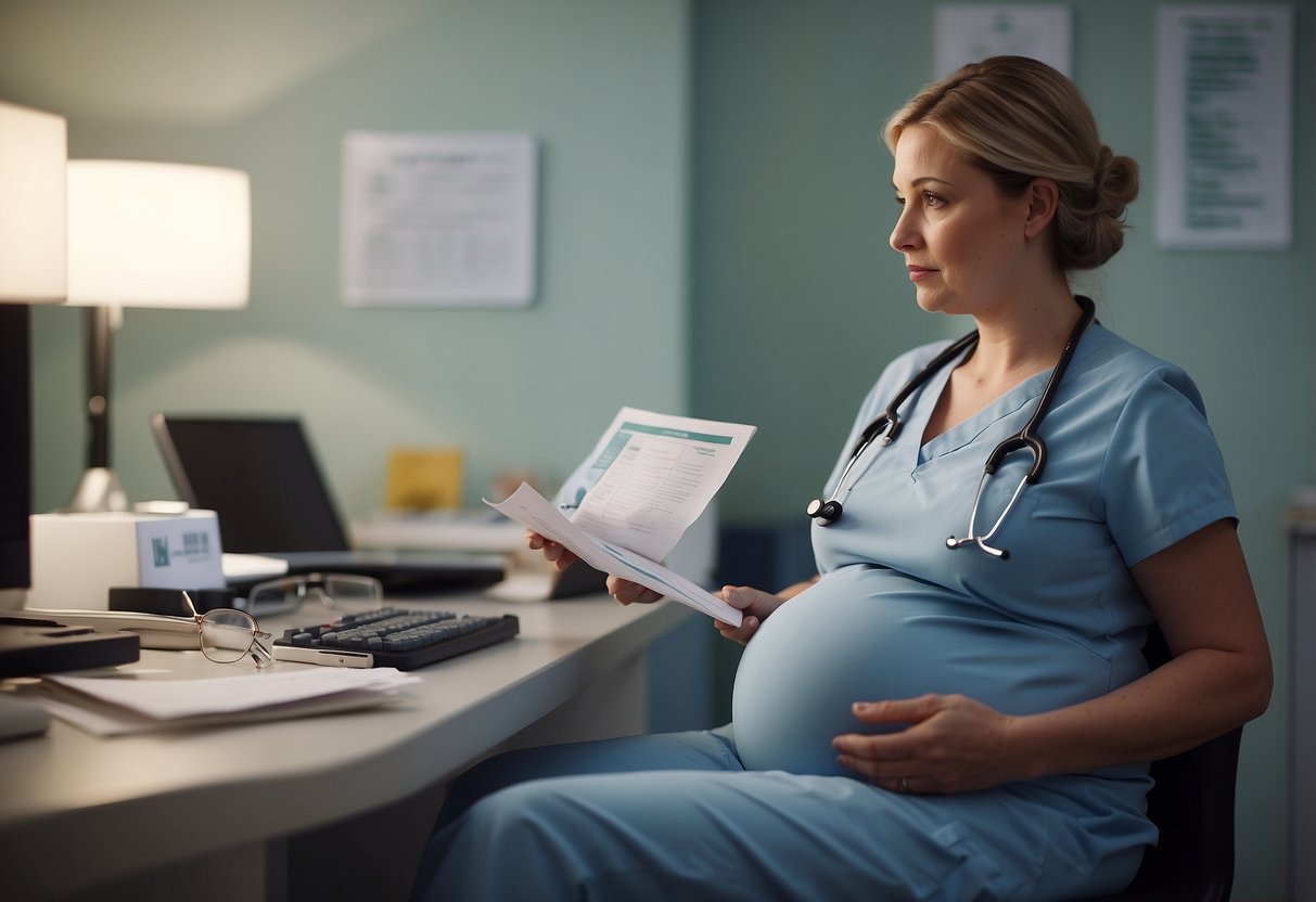 A pregnant person sitting in a doctor's office, surrounded by medical equipment and informational pamphlets. The doctor is asking questions and taking notes