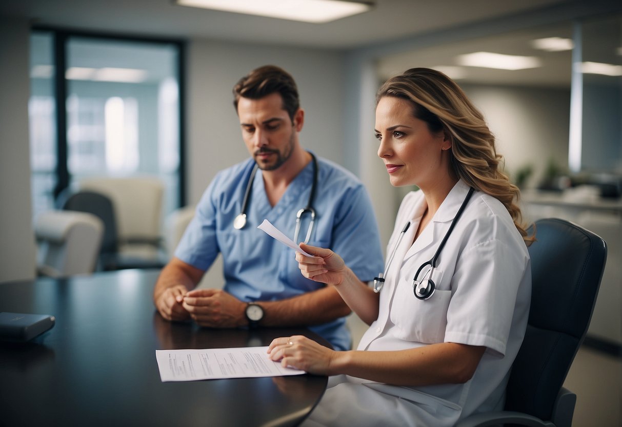 A pregnant woman sitting in a doctor's office, asking about medication to avoid. The doctor is holding a clipboard with a list of questions