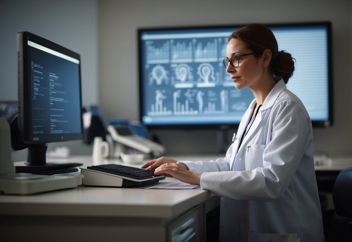 A doctor conducting prenatal screenings and tests in a medical office. Equipment and paperwork are visible