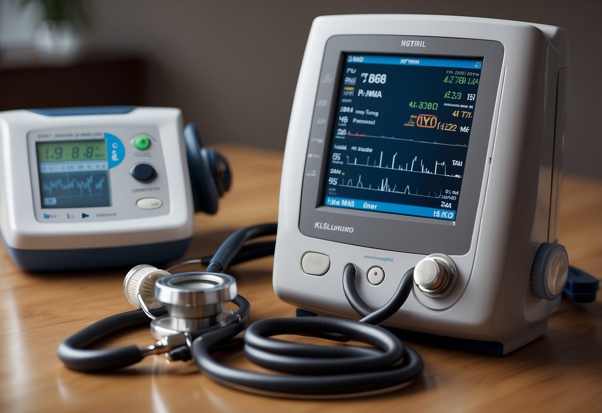 A table with medical equipment, including a stethoscope, ultrasound machine, blood pressure cuff, and vials for blood tests. A chart with prenatal testing options is displayed on the wall