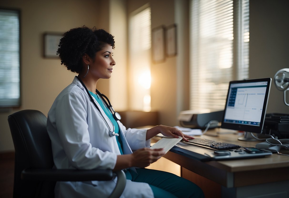 A doctor's office with a stethoscope, scale, and ultrasound machine. A pregnant woman sits in a chair, while the doctor reviews her medical history