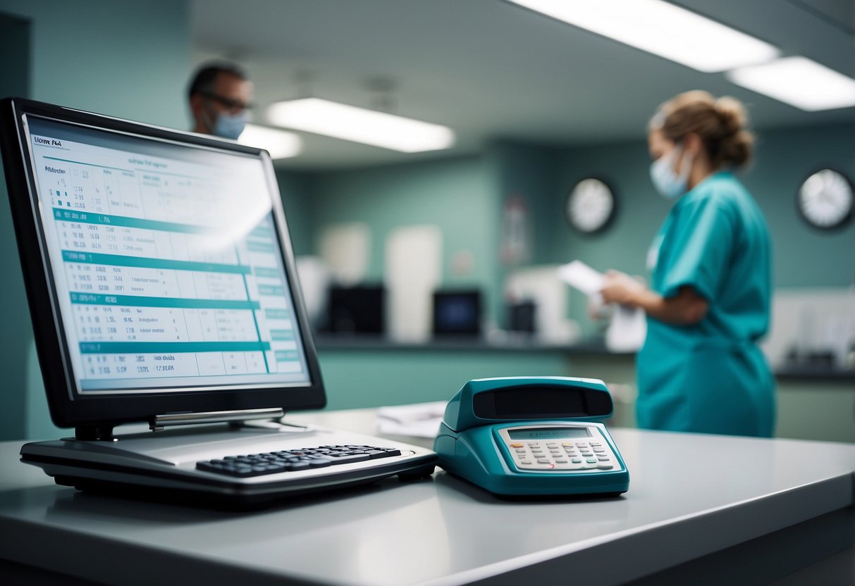 A scale with a digital display, a measuring tape, a clipboard with forms, a waiting room with chairs, and a nurse in scrubs