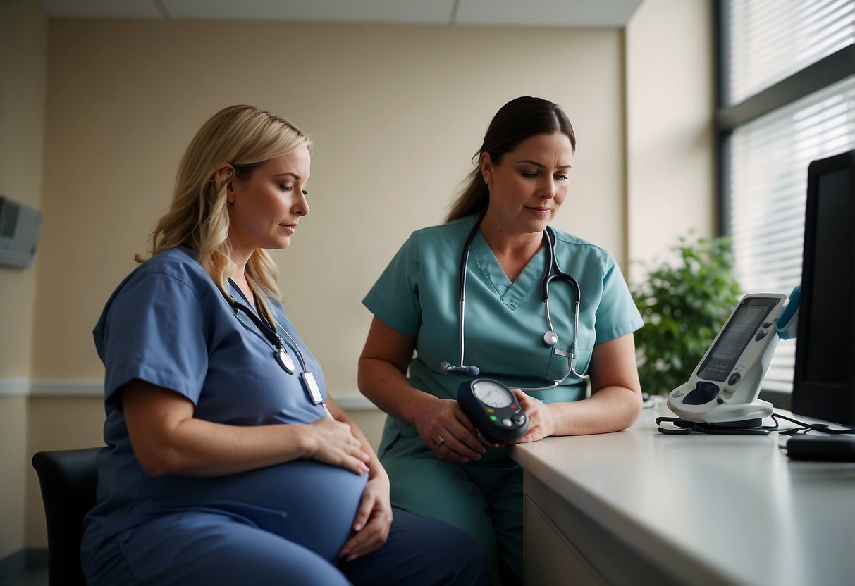 A pregnant woman sitting in a doctor's office, with a blood pressure cuff around her arm. A nurse or doctor is taking her blood pressure reading. The room is bright and clean, with medical equipment and charts on the walls