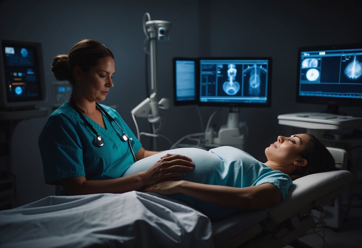 A pregnant person reclining on an examination table, while a doctor uses ultrasound equipment to scan their abdomen. The room is dimly lit, with the glow of the ultrasound screen illuminating the space