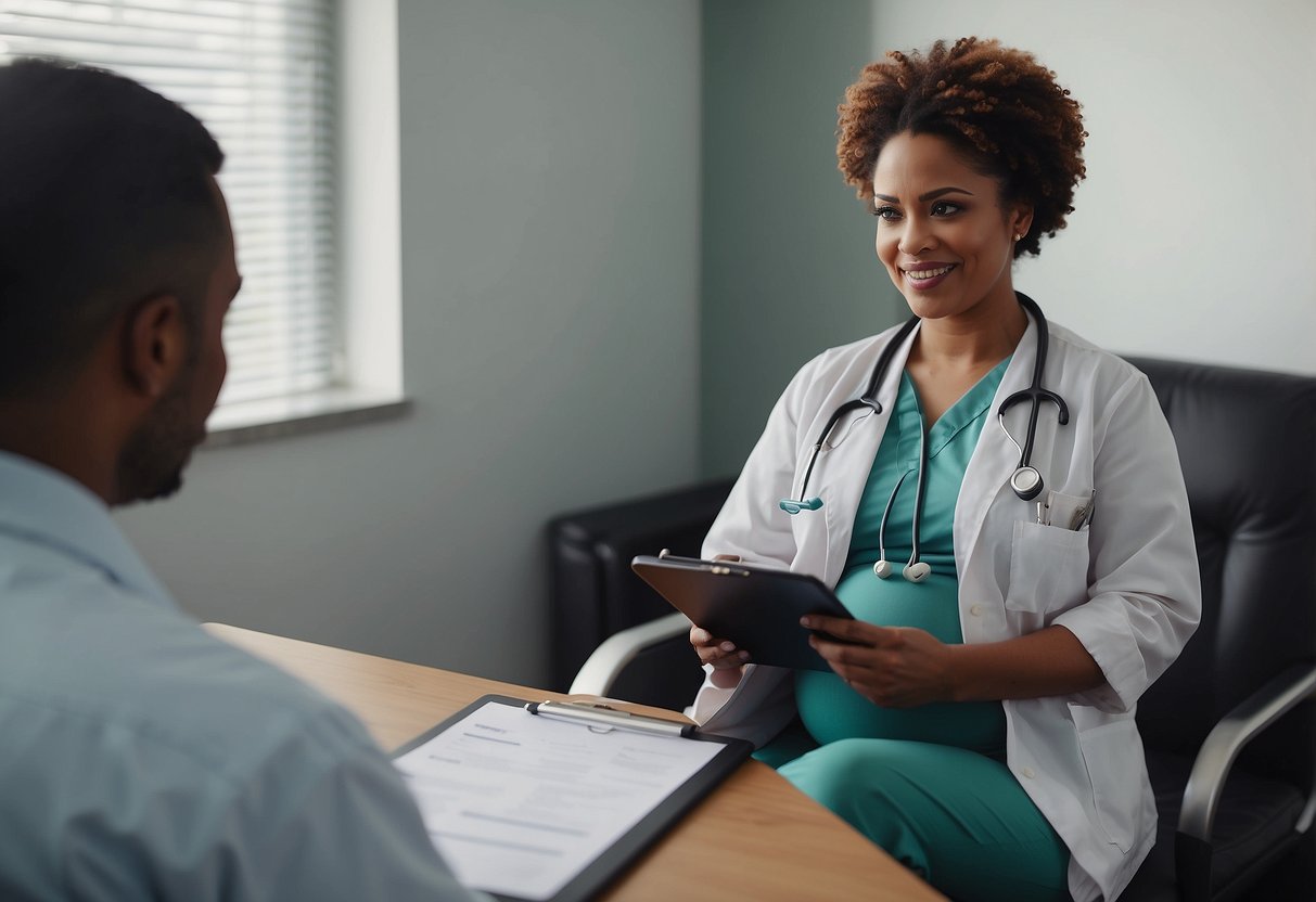 A pregnant woman sitting in a doctor's office, with a doctor holding a clipboard and discussing common concerns and questions during first trimester checkups