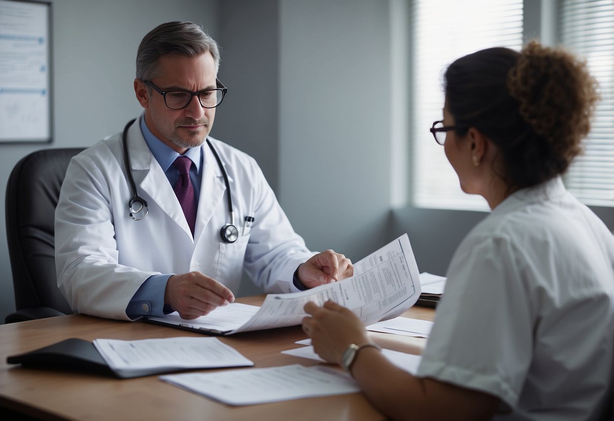 A doctor sits at a desk, reviewing prenatal care guidelines. A pregnant woman sits across from them, listening attentively. Medical charts and pamphlets are scattered on the desk