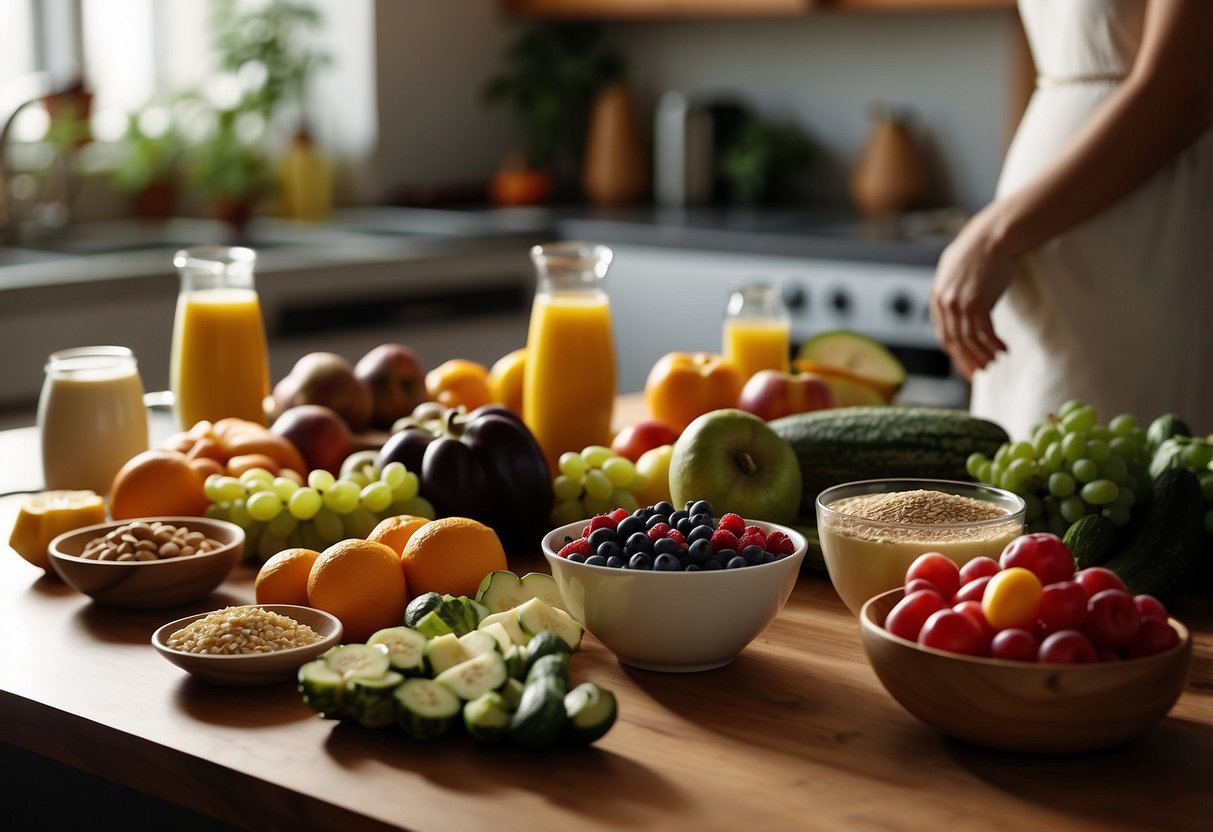 A table with a variety of fruits, vegetables, grains, and dairy products. A scale and measuring cups are nearby. A pregnant woman's silhouette is in the background