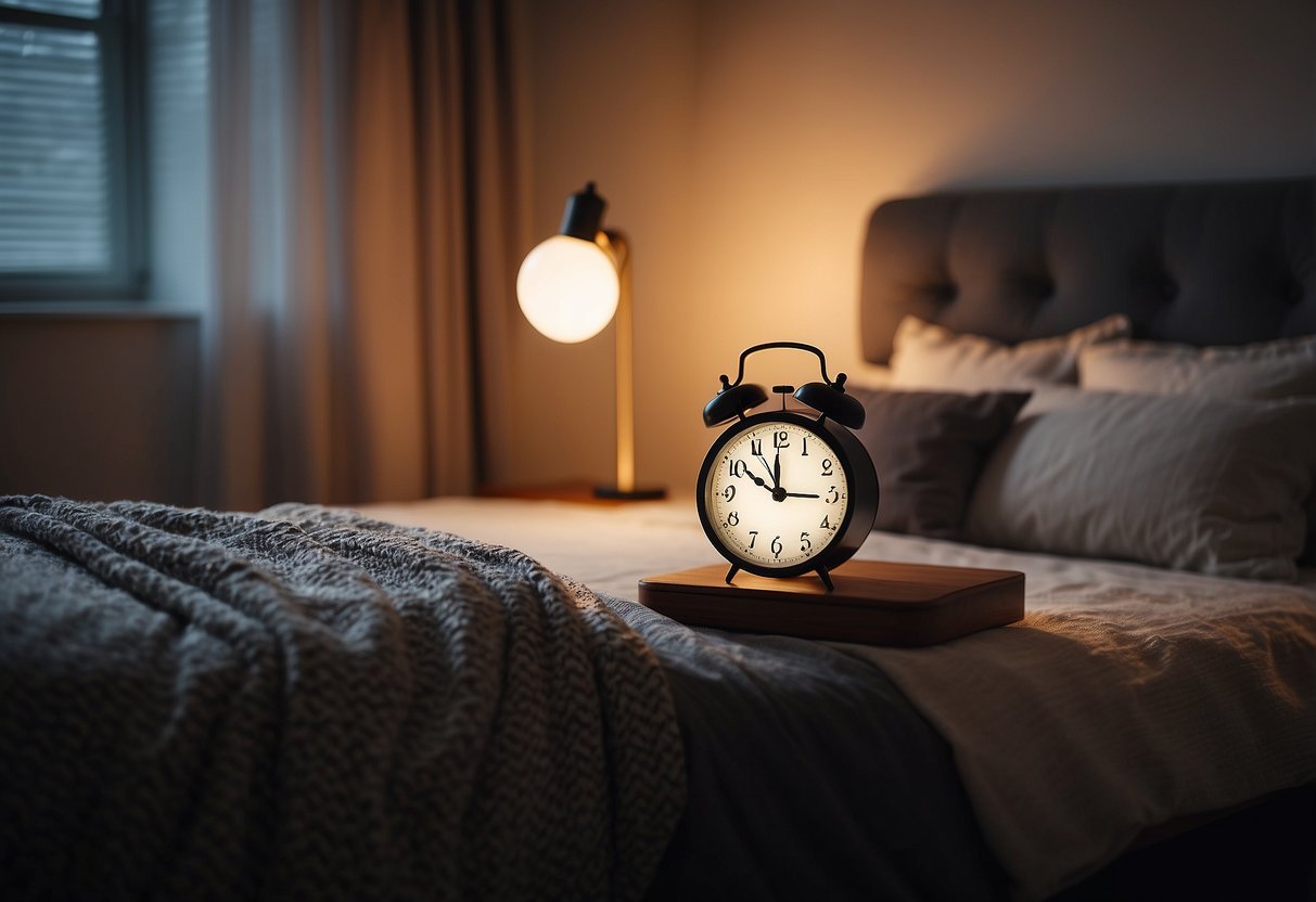 A cozy bedroom with a comfortable bed, soft pillows, and a warm blanket. A dimly lit lamp on a nightstand. A clock showing a reasonable bedtime