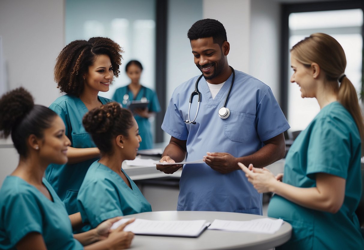 A pregnant woman is surrounded by a team of healthcare professionals providing prenatal care. They are discussing exercise safety and reviewing a checklist of 8 ways to ensure the best care