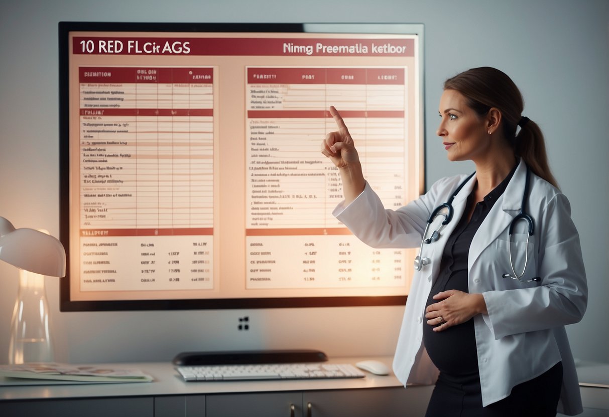 A doctor pointing to a list of "10 Red Flags" on a prenatal chart, while a pregnant woman listens attentively in the background