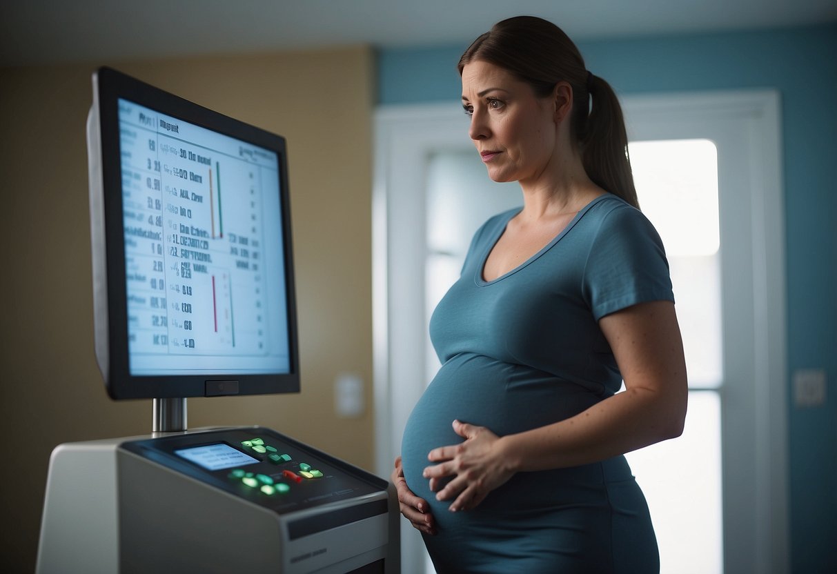 A pregnant woman standing on a scale with a concerned expression as the doctor points to a chart showing warning signs of sudden weight gain