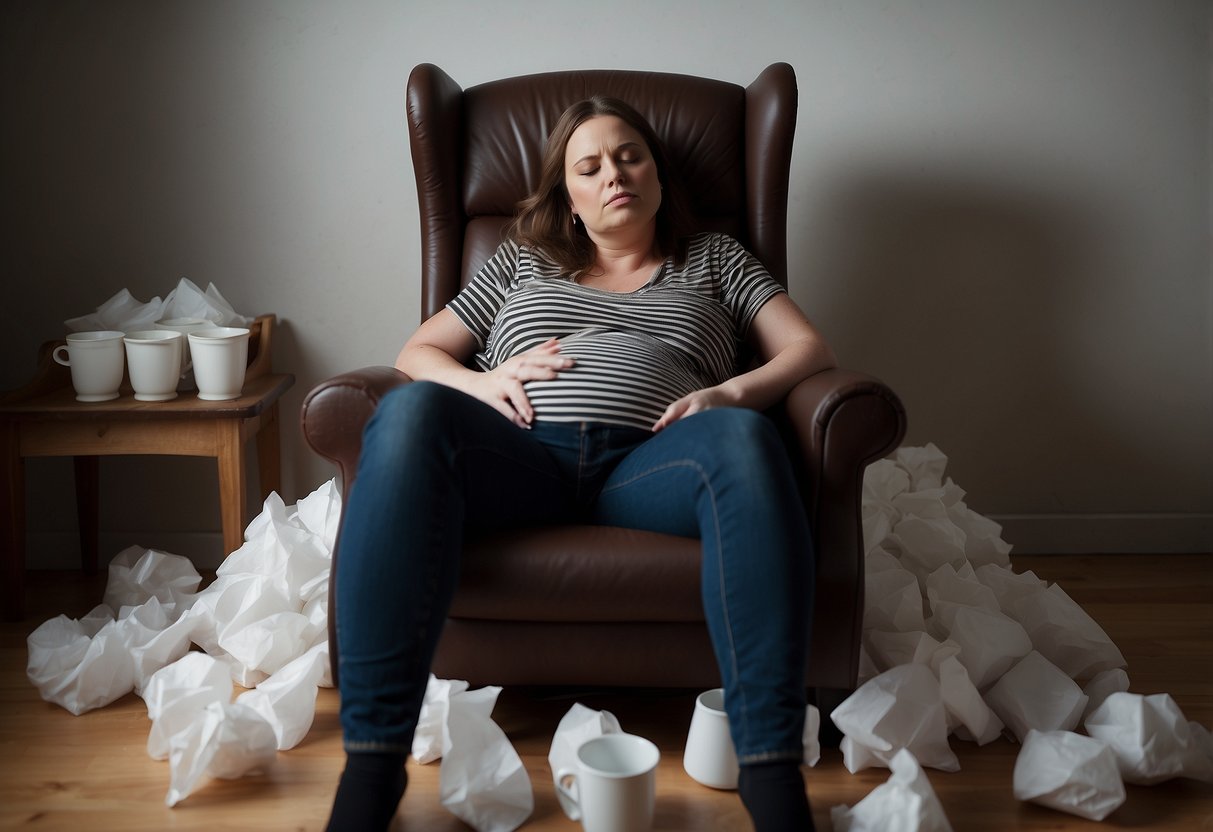 A pregnant woman slumped in a chair, surrounded by empty coffee cups and crumpled tissues. Her eyes are heavy with exhaustion, and she struggles to keep them open