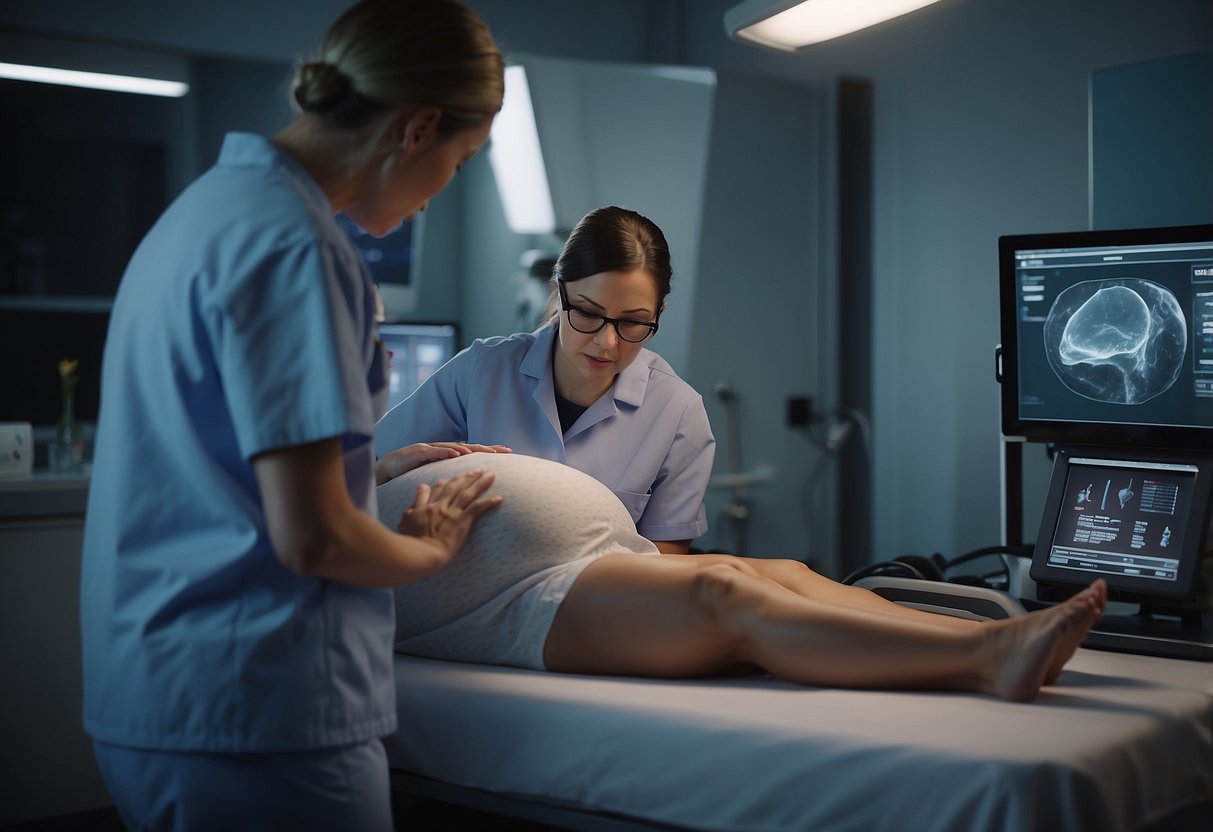 A pregnant person sits on an examination table as a technician moves a handheld device over their abdomen. The ultrasound machine displays images on a monitor, while the person watches with anticipation