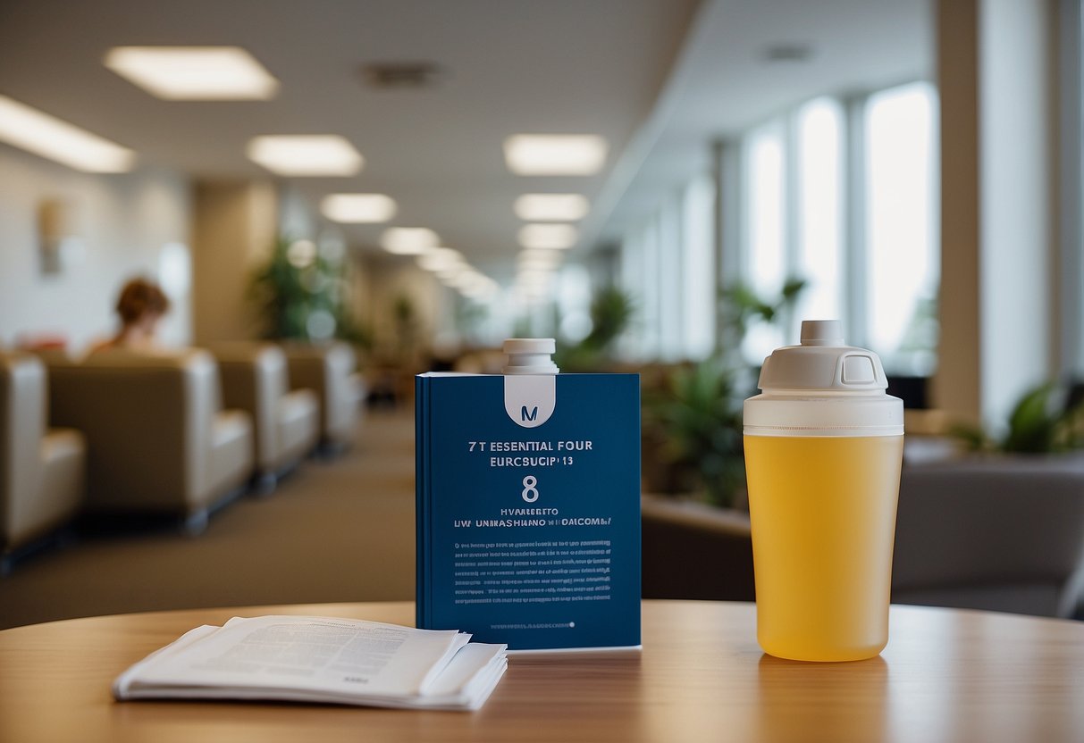 A person holding a water bottle while sitting in a waiting room, looking at a pamphlet titled "7 Essential Tips for Navigating Your First Ultrasound."