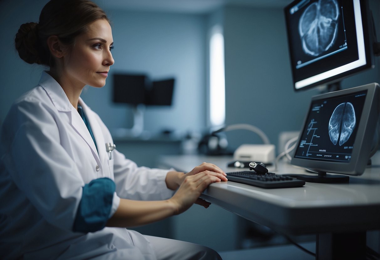 A person lying on a medical examination table, a technician holding an ultrasound probe, a monitor displaying the ultrasound image, and a sense of calm and reassurance in the room