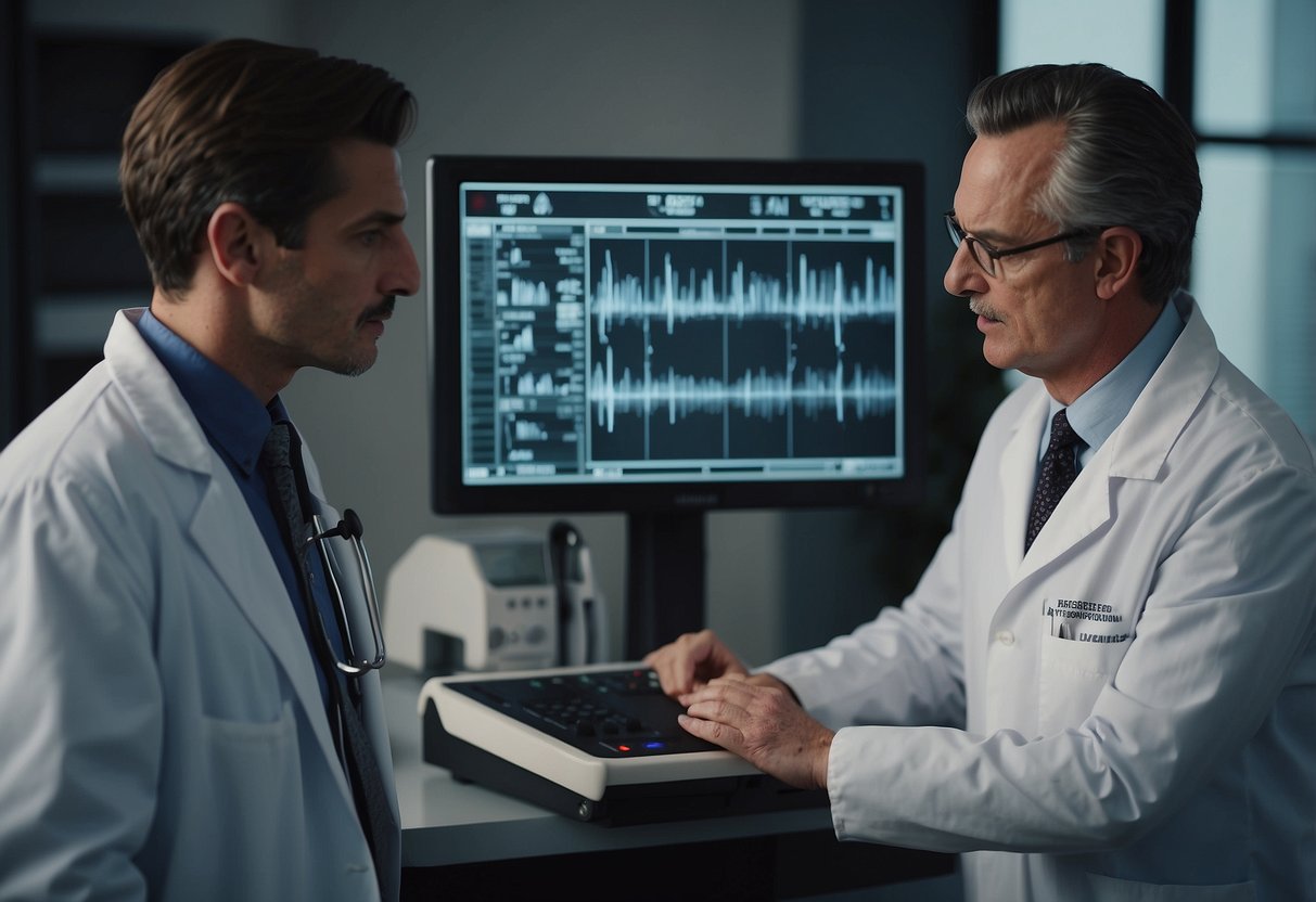 A doctor examines an ultrasound monitor, pointing out key details to a concerned patient. The room is calm and professional, with medical equipment in the background