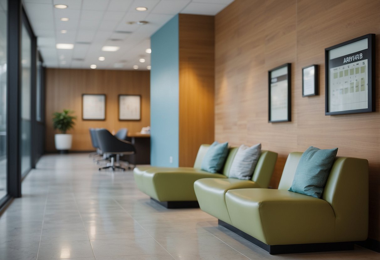 A cozy waiting room with a reception desk, comfortable chairs, and a calming color scheme. A calendar on the wall highlights important prenatal appointment dates