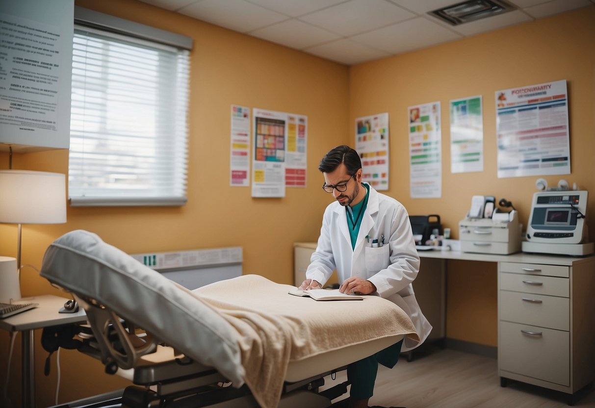 A cozy doctor's office with a comfortable examination table, colorful educational posters on the wall, a cheerful atmosphere, and a friendly nurse taking notes