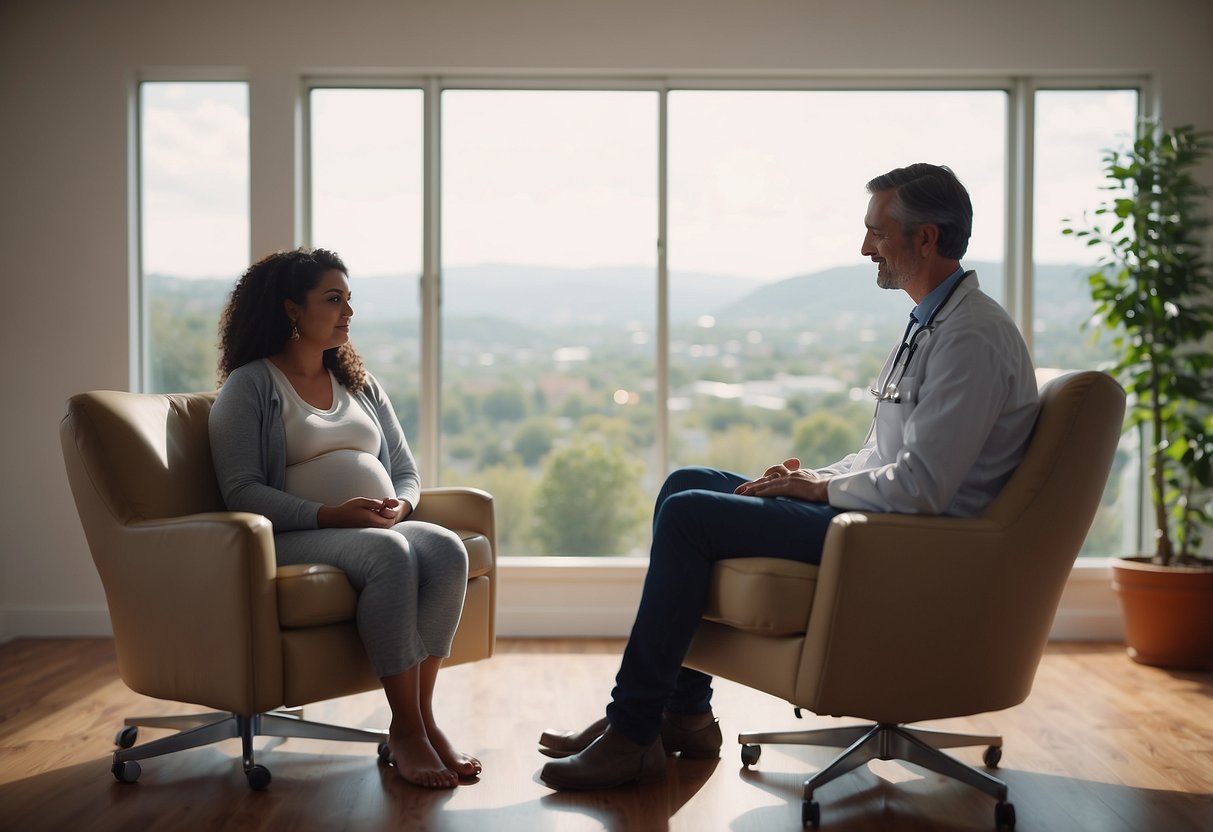 A pregnant woman sits in a comfortable chair, surrounded by a calming atmosphere. A doctor listens to her concerns and offers advice, creating a supportive and informative prenatal checkup