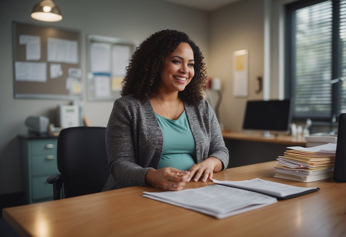 A pregnant person sits in a cozy doctor's office, surrounded by pamphlets and a clipboard. The doctor smiles as they discuss prenatal care