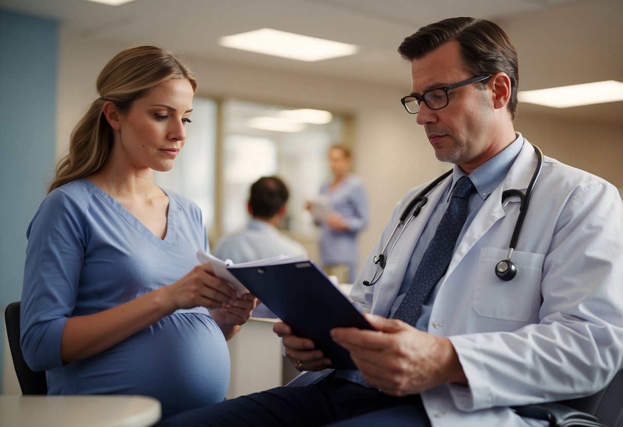 A pregnant person sits in a doctor's office, holding a notebook with a list of symptoms. The doctor listens attentively, taking notes as they discuss the patient's prenatal care plan