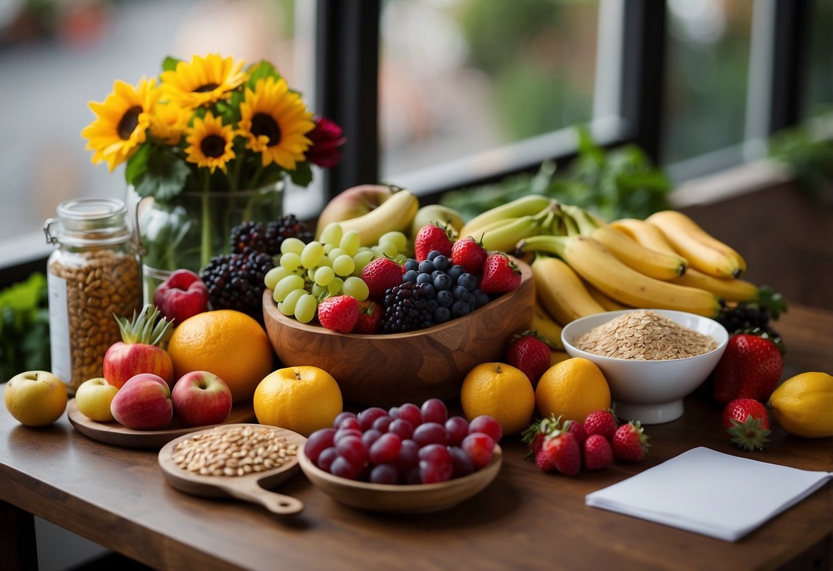 A table with a variety of colorful fruits, vegetables, and whole grains. A checklist of prenatal nutrition tips displayed on a clipboard nearby