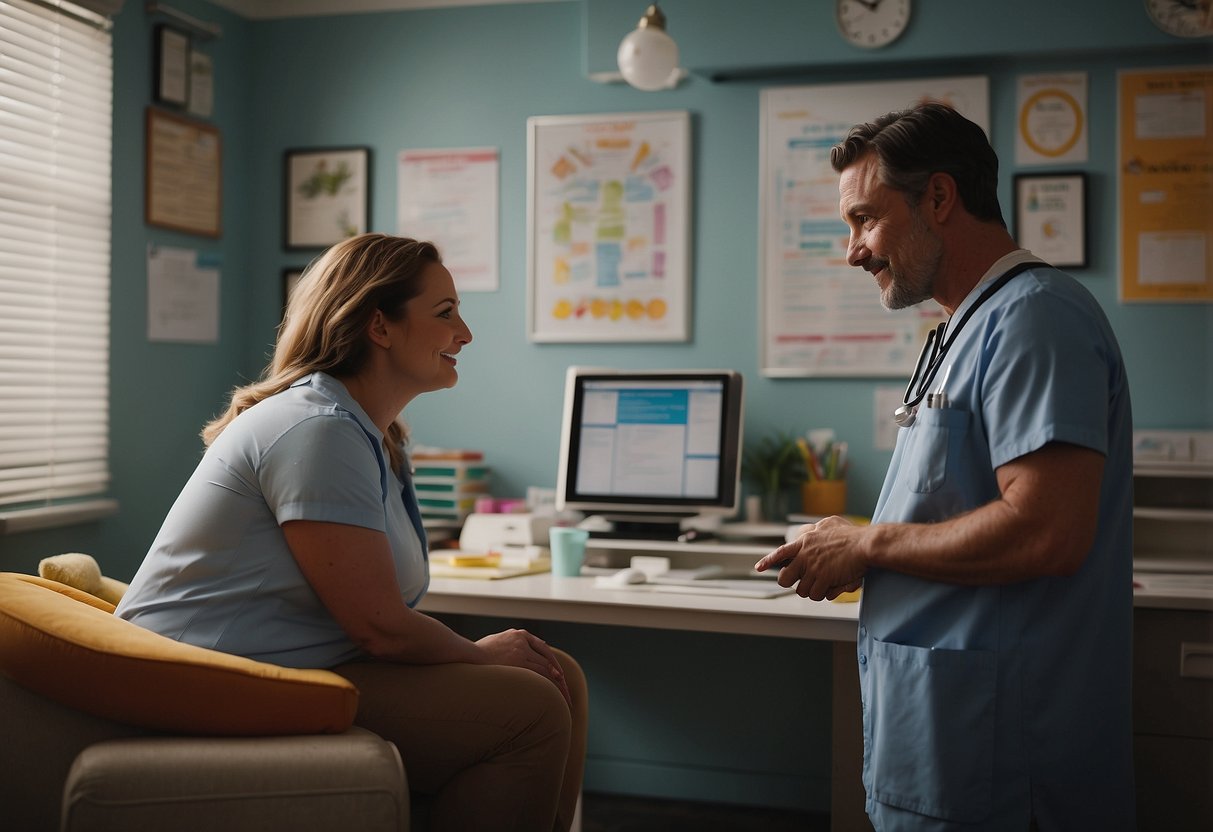 A pregnant woman sits in a cozy doctor's office, surrounded by colorful posters and educational materials. The doctor and patient engage in a lively conversation, while a nurse takes notes in the background