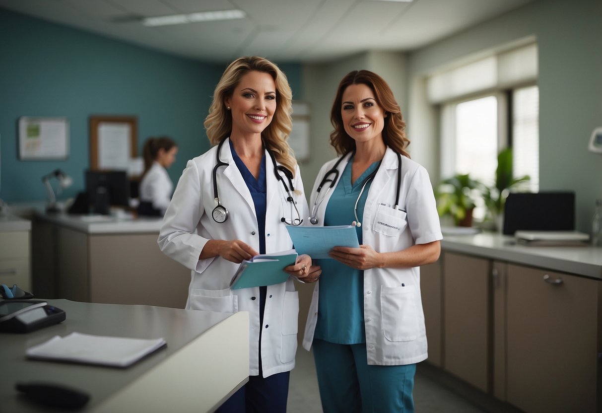 A doctor and midwife stand side by side, each holding a stethoscope and a birthing plan. The doctor's office is filled with medical equipment, while the midwife's space is cozy and inviting