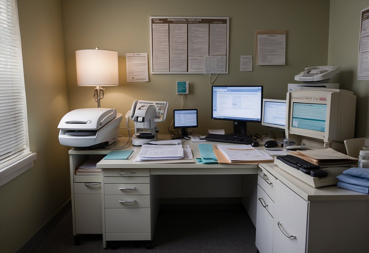 A doctor's office with a desk cluttered with paperwork, a computer, and medical equipment. A pamphlet titled "Prenatal Testing" lies open on the desk. The room is bright and sterile, with posters on the walls depicting fetal development