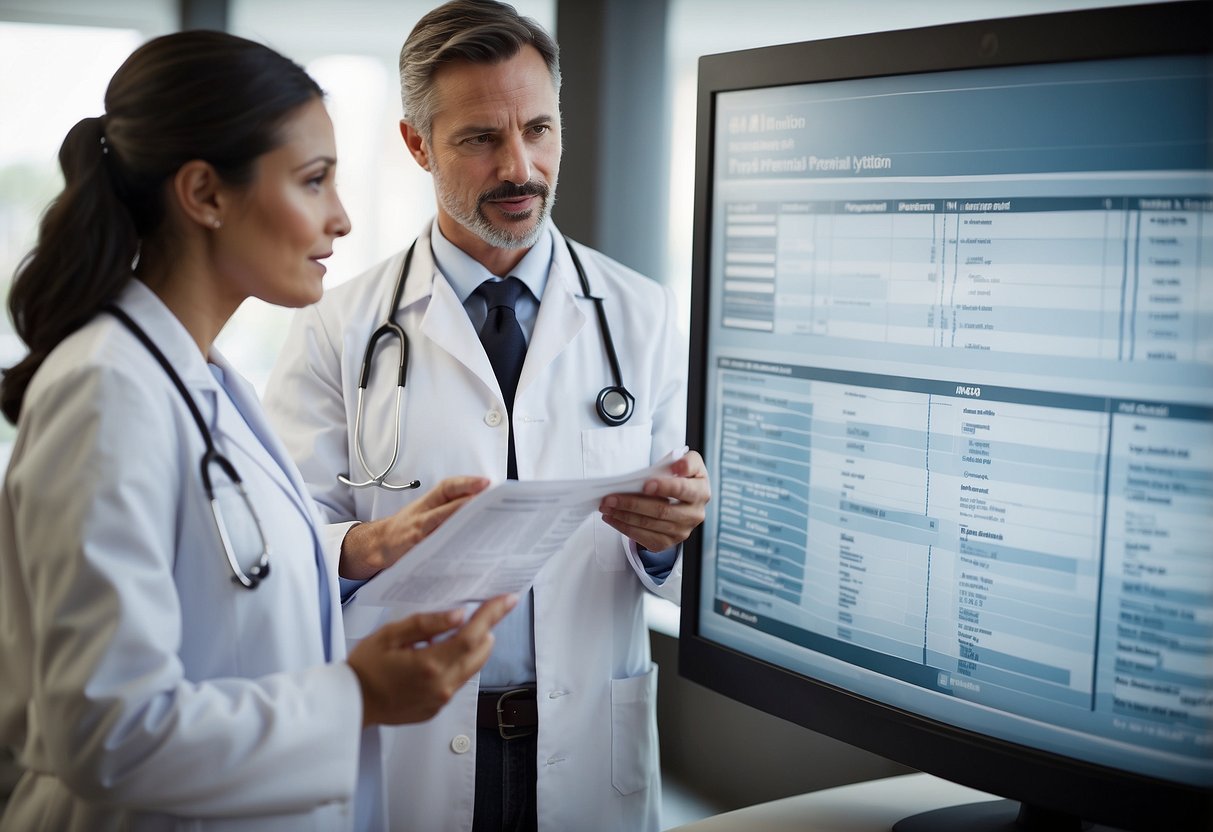 A doctor discussing prenatal testing with a pregnant woman, pointing to a chart showing different types of tests and their potential implications