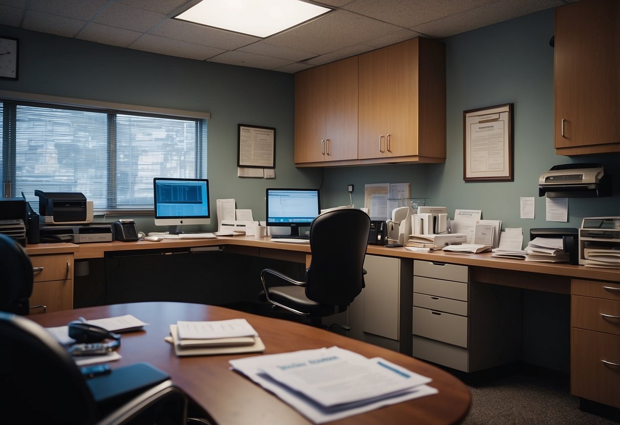 A doctor's office with a desk cluttered with papers, a computer screen displaying prenatal test results, and a concerned couple sitting in chairs awaiting an explanation