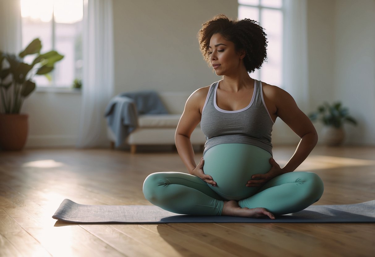 A serene pregnant woman exercises in a bright, airy room with soft lighting and calming music playing in the background. She performs gentle, safe movements that promote strength and flexibility