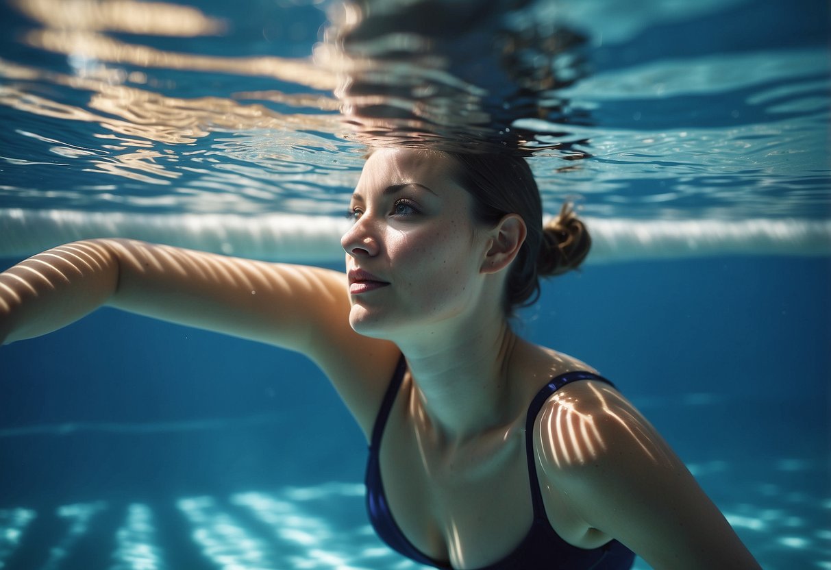 A pregnant woman peacefully swimming in a calm pool, surrounded by serene blue water and gentle sunlight