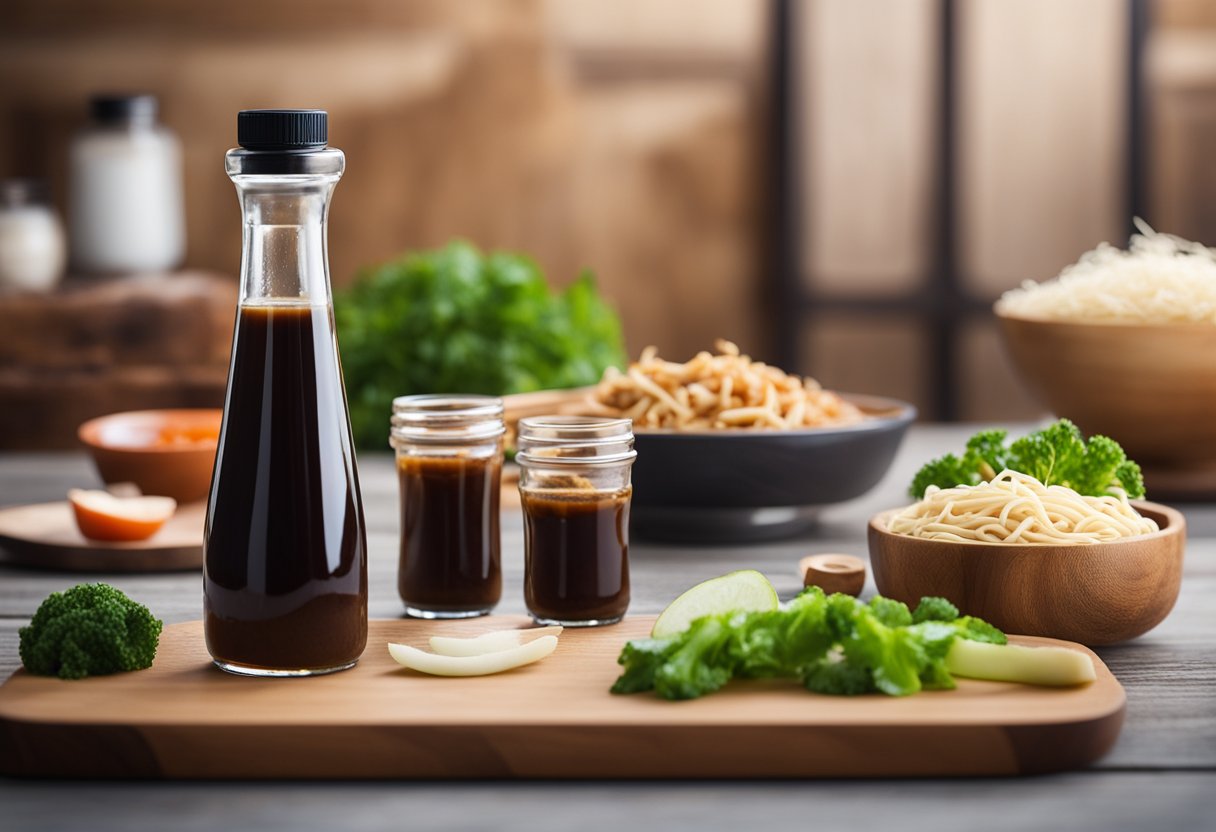 A bottle of teriyaki sauce on a wooden table with keto-friendly ingredients like chicken, vegetables, and low-carb noodles nearby