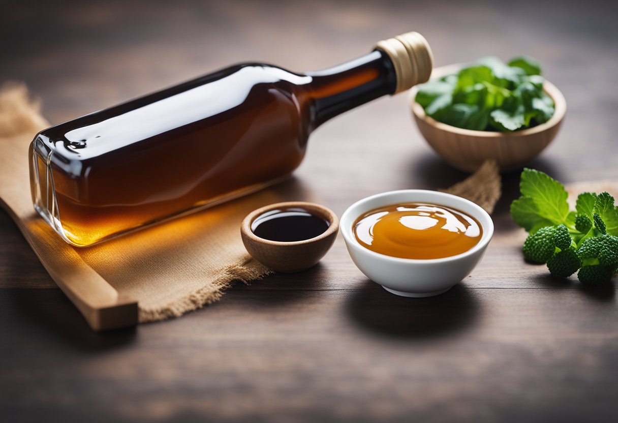 A bottle of teriyaki sauce next to a list of keto-friendly foods