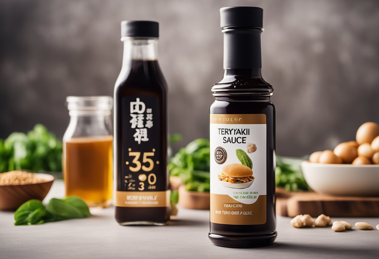 A bottle of teriyaki sauce surrounded by keto-friendly ingredients like soy sauce, garlic, and ginger