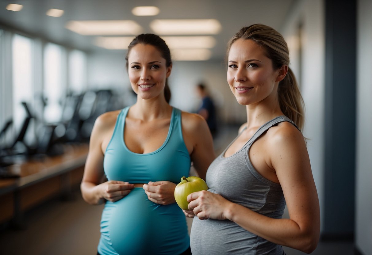 A pregnant woman attending regular check-ups, exercising, eating healthy, and staying active throughout her pregnancy