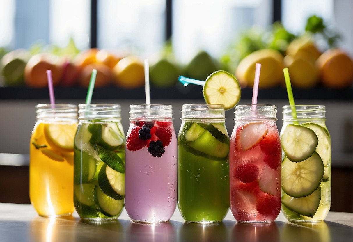 A variety of hydration methods for a healthy pregnancy: water, herbal tea, fruit-infused water, coconut water, smoothies, and natural juices